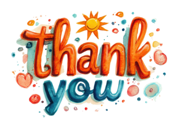 Watercolor "Thank You" with sun, hearts, bubbles, and splashes