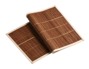 Close-up of a rectangular, rolled-up, brown woven placemat with a white trim