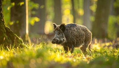 Wild Boar in Forest Sunlight.