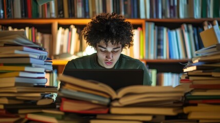Student researching on a computer surrounded by reference books
