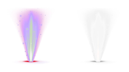 Vivid abstract spotlight and white conical light beam effect on transparent background with glowing dust particles