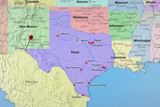 Colorful location map with red stick pin at el paso, Texas, United States of America, USA and the surrounding area