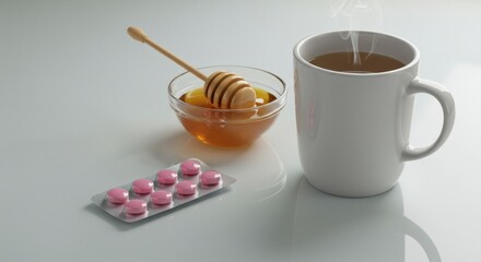 Pills, honey, and hot drink on white table for cold or flu relief. Home remedy and medication for illness. Healthcare and wellness concept.