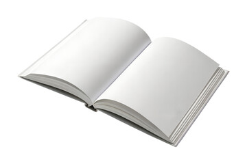 An open blank white book displays clean pages, ready for text or images, presented as a transparent png, perfectly isolated.