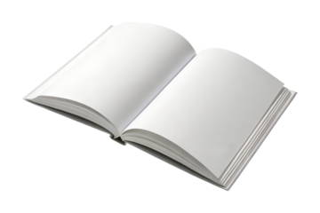 An open blank white book displays clean pages, ready for text or images, presented as a transparent png, perfectly isolated.
