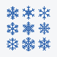 Snowflake icons Set, A collection of nine different intricately designed blue snowflake icons unique pattern.