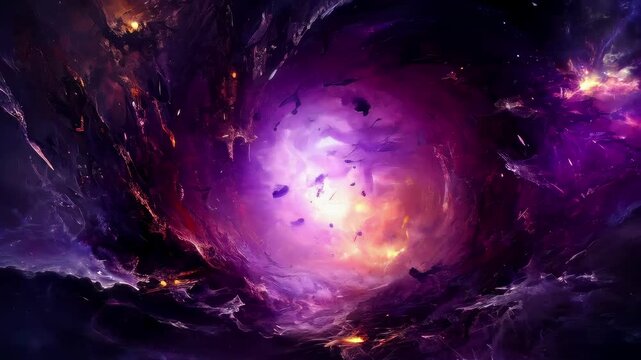 Dynamic cosmic vortex with vibrant purples and oranges, captured from a wide-angle perspective, perfect for a sci-fi video backdrop. Live desktop wallpaper.