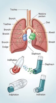 Asthma Inhaler and Lung Anatomy Illustration for Medical Education.