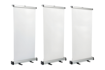 Three identical blank white roll up banners stand upright together. This transparent background png image features isolated display elements.