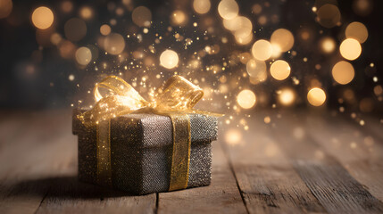 Gift box opening with golden glitter magic