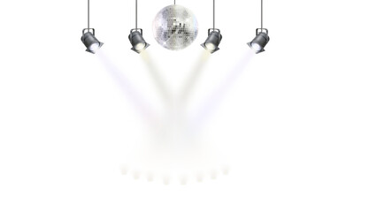 Hanging Shiny Disco Ball with Bright White Stage Spotlights Isolated on a Transparent Background Party Banner
