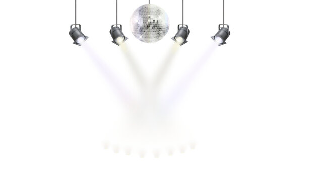 Hanging Shiny Disco Ball with Bright White Stage Spotlights Isolated on a Transparent Background Party Banner - Powered by Adobe
