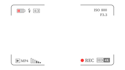Detailed Digital Camcorder Recording Viewfinder Display with Battery, ISO, F-Stop, REC, HD, 4K Indicators on Transparent Background