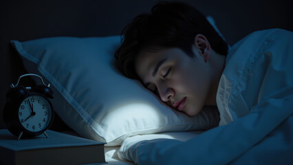Peaceful young person sleeps soundly on pillow, illuminated by soft light from bedside clock. serene atmosphere evokes calmness and tranquility