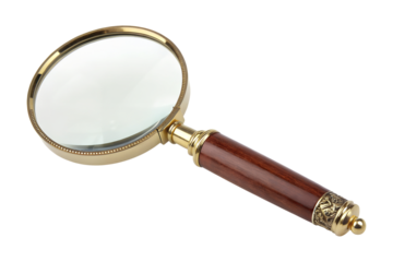 An old-fashioned magnifying glass with a gleaming gold frame and polished wooden grip rests diagonally, ready for close examination, transparent and isolated png.