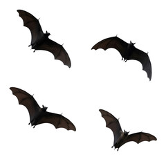 Naklejka premium A quartet of bats soars silently across a muted teal sky, wings outstretched in graceful flight, eerie.