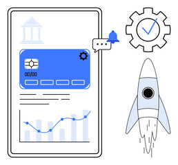 Mobile banking screen, rocket launch, analytics graph, gear with checkmark, and notification alert. Ideal for fintech, innovation, growth startup technology banking progress themes. Simple flat