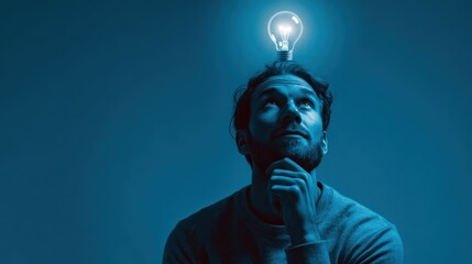 Half-length portrait of a person with a hand on chin, glowing bulb and floating pop-up image above head representing innovation, simple lighting, no text