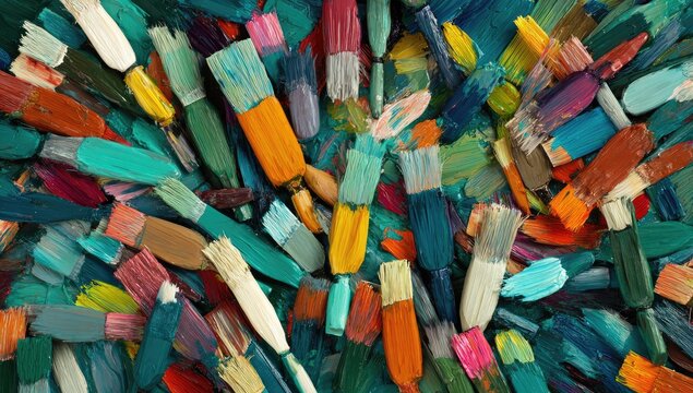 A vibrant collection of paintbrushes, splattered with colorful pigments