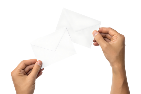 Hands hold and unfold a blank white envelope on a transparent background, perfect for isolated png images.