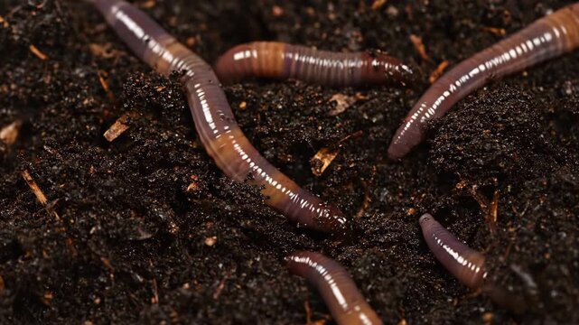 Earthworms wriggling in rich, dark soil; close-up shot of invertebrates