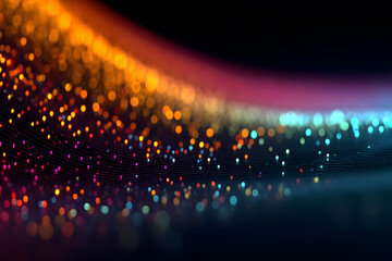 Abstract glowing fiber optic lights in warm and cool tones, blurry glowing particles on dark background, concept of high-speed data transmission
