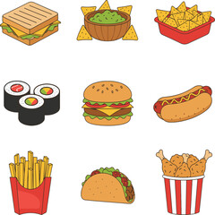 fast food and popular snacks icon set