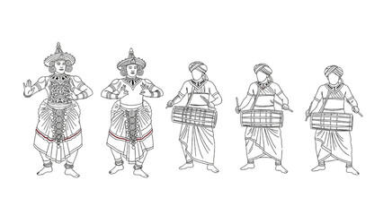 Minimalist One-Line Vector Illustration of Kandyan Dancers and Traditional Drummers Performing in a Perahera Procession, Black and White Line Art Representing Cultural Heritage and Sri Lanka