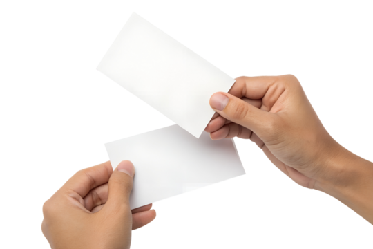 Two hands hold two simple blank white rectangular paper cards, showing them separated. This transparent png image is isolated.