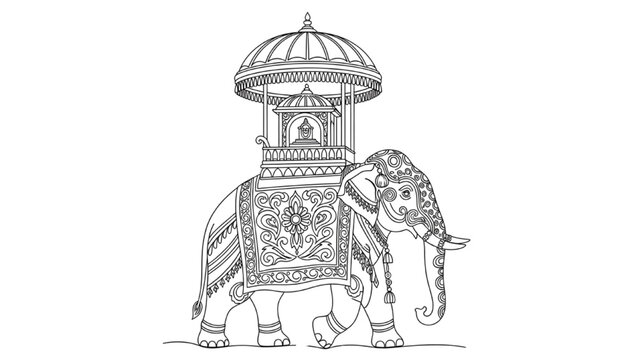 High-Quality Continuous Line Art of Decorated Elephant Carrying Sacred Relic, Minimalist Black and White Vector Illustration Symbolizing Tradition, Culture, and Perahera Festival Grandeur