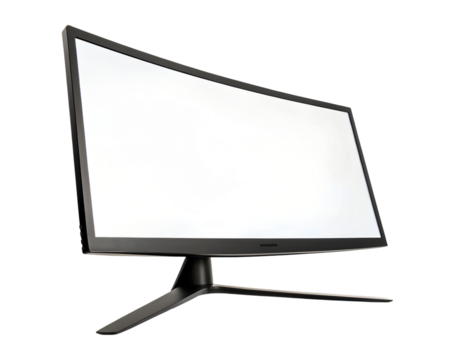 A modern black curved computer monitor stands angled, showing a blank white screen, isolated on a transparent background, perfect as a PNG.