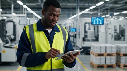 A focused African American male industrial worker, engineer, or manager is diligently operating a digital tablet in a modern, well-lit factory or warehouse environment. Dressed in a bright yellow high - Powered by Adobe