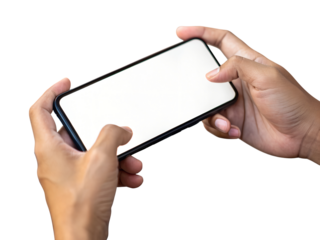 Two hands hold a modern black smartphone horizontally, displaying a blank white screen with fingers ready for touch interaction, transparent isolated png.