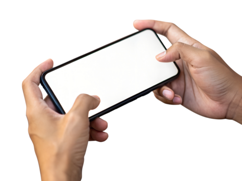 Two hands hold a modern black smartphone horizontally, displaying a blank white screen with fingers ready for touch interaction, transparent isolated png.