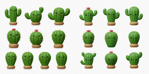 A collection of cute cartoon cactus illustrations with smiling faces and various shapes, arranged in rows on a transparent background. © Heri