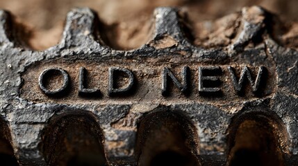 Macro photo of gear mechanism with engraved words OLD and NEW, symbolizing change and progress. Concept: Innovation, transformation, progress, technology, evolution, mechanical concept.
