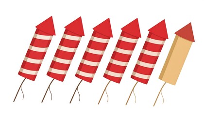 A collection of stylized red and white striped fireworks with tan-colored tips and attached brown fuses, arranged in a row