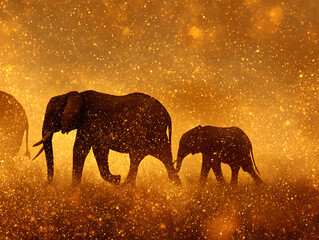 elephant and calf walking silhouette golden glowing dust sunset african savanna wildlife photography