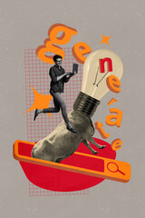 3d pop image vertical art collage of happy girl guy stand webpage icon seach cow headless psychedelic light bulb prompt generation