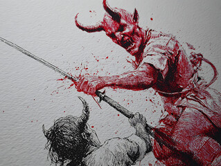 dark fantasy battle illustration red ink splatter on white textured paper demonic creatures fighting