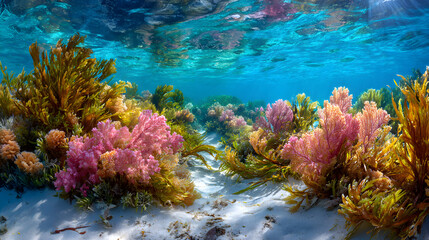 Naklejka premium Vibrant underwater seascape teeming with colorful coral and seaweed