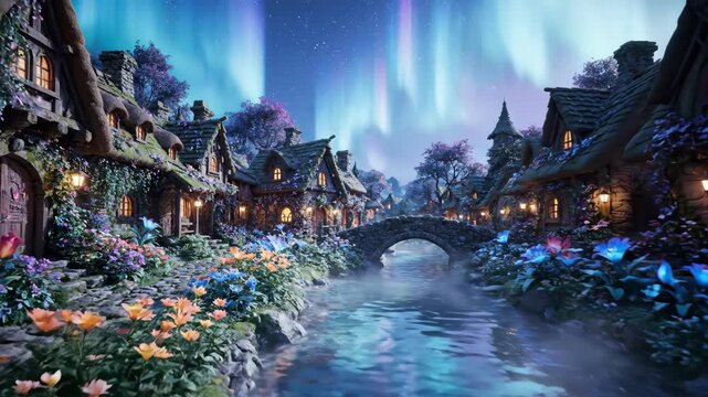 Enchanting fantasy village bathed in the ethereal glow of the aurora borealis with a tranquil river flowing through its heart and vibrant flora blooming along its banks