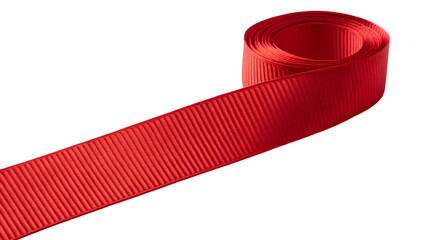 A vibrant red grosgrain ribbon is gently unrolling, showcasing its distinct texture and coiled shape, isolated on a transparent background, png format.