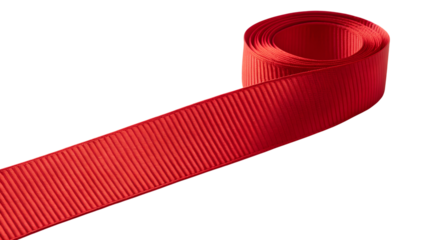 A vibrant red grosgrain ribbon is gently unrolling, showcasing its distinct texture and coiled shape, isolated on a transparent background, png format.