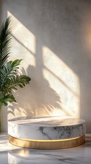 Marble Product Display Podium with Tropical Leaves and Sunlight Shadows on Textured Wall