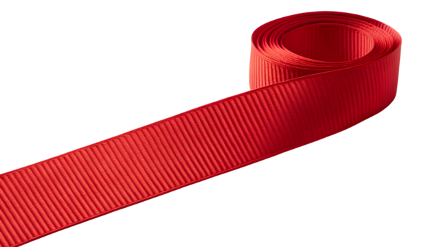 A vibrant red grosgrain ribbon is gently unrolling, showcasing its distinct texture and coiled shape, isolated on a transparent background, png format.