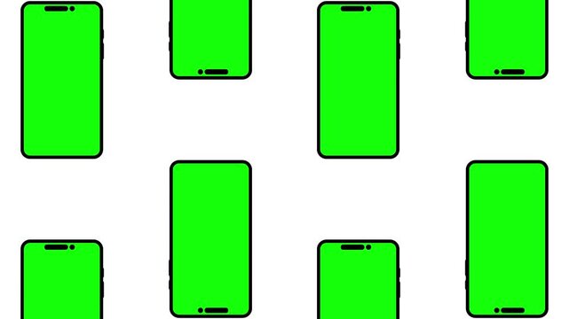 Realistic mobile mockup. 4 columns mobiles animated grid. Green screen, alpha channel, white background. 