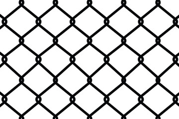 Fototapeta premium Seamless black outline vector pattern of a chain link fence or wire mesh. Interlocking diamond grid texture representing security, barrier, and enclosure. Flat, graphic, and isolated on white.