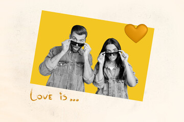 Composite image art photo collage of two happy girl guy celebrate valentine day heart postcard...