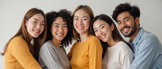 Fototapeta premium Friendly group of young adults smiling together, showcasing diversity and joy in cozy indoor setting